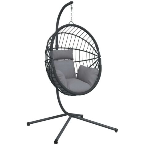 Chaise de salon，Chaise suspendue en forme d'œuf et support gris rotin et acier CFW875193