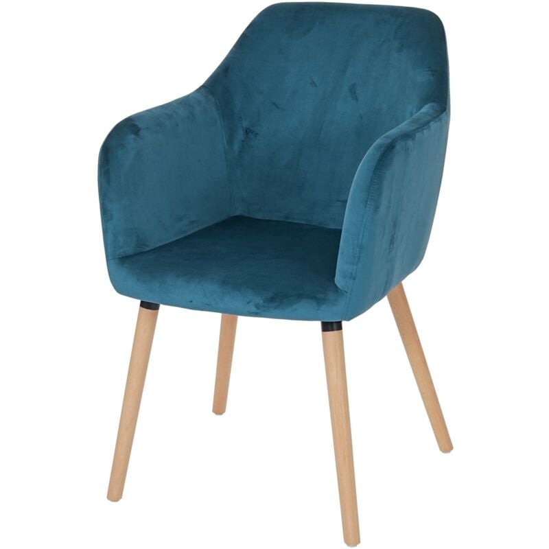 HHG - Chaise de salle à manger Malmö T381, rétro, velours, bleu pétrole