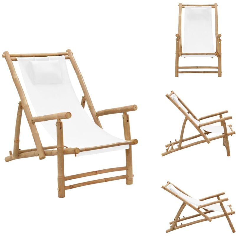 Chaise de terrasse Bambou et toile Blanc crème - Chaise De Jardin - Chaise Lounge - Fauteuil De Jardin - Meubles De Jardin - Mobilier Extérieur