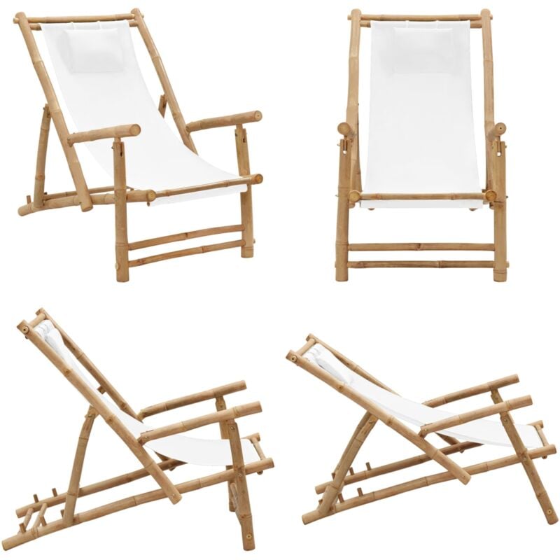 Chaise de terrasse Bambou et toile Blanc crème - Chaise De Jardin - Chaise Lounge - Fauteuil De Jardin - Meubles De Jardin - Mobilier Extérieur