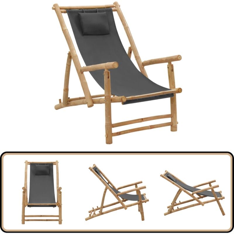 Chaise de terrasse Bambou et toile Gris foncé - Chaises De Jardin - Chaises De Terrasse - Meubles De Jardin - Fauteuil De Jardin - Chaise Lounge