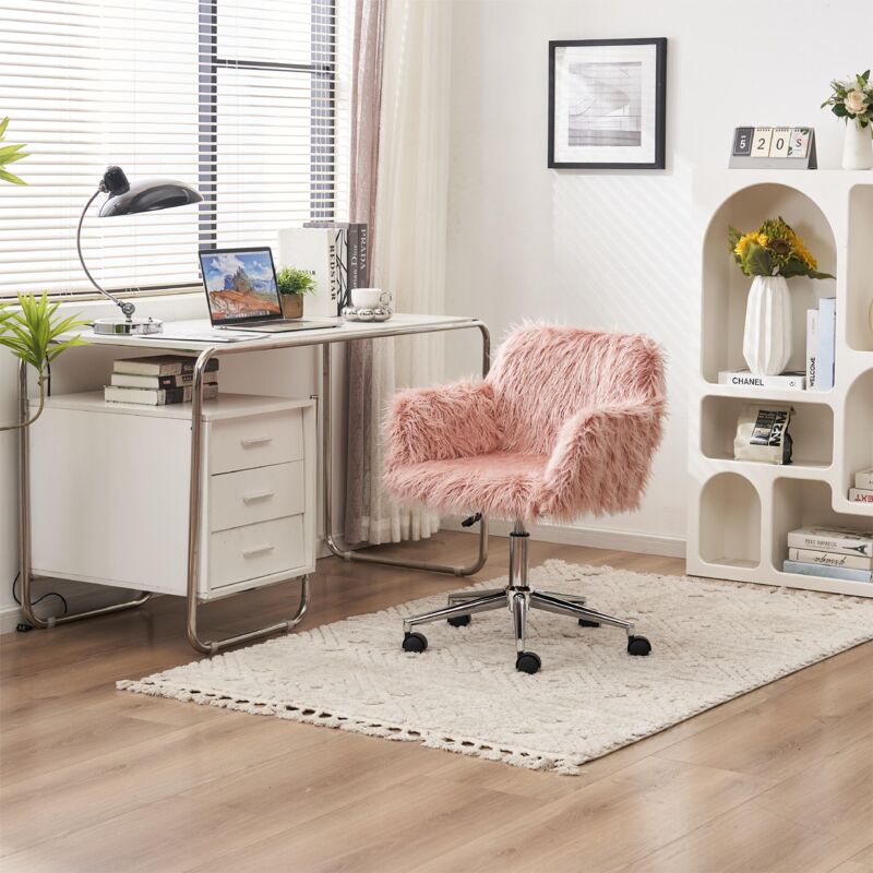Chaise de travail pivotante réglable en hauteur, coussin en fausse fourrure résistant à l'usure, fournitures de chaise de bureau (rose)