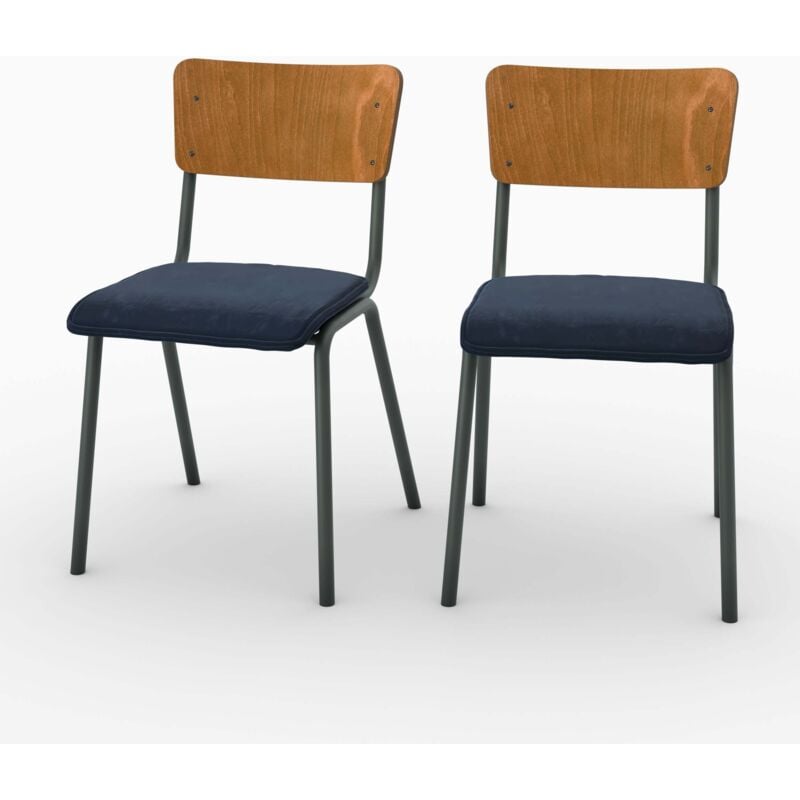 Lot de 2 chaises en bois foncé et velours bleu - NICO