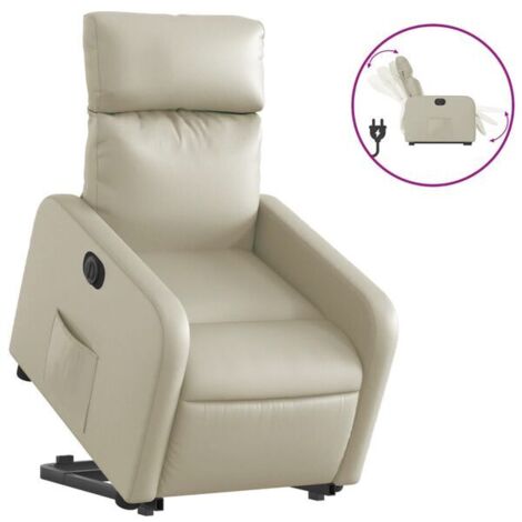 Chaise électrique inclinable en cuir synthétique beige – Fauteuil relax avec repose-pieds, réglage de l’inclinaison et appui-tête amovible – Pour salon ou chambre