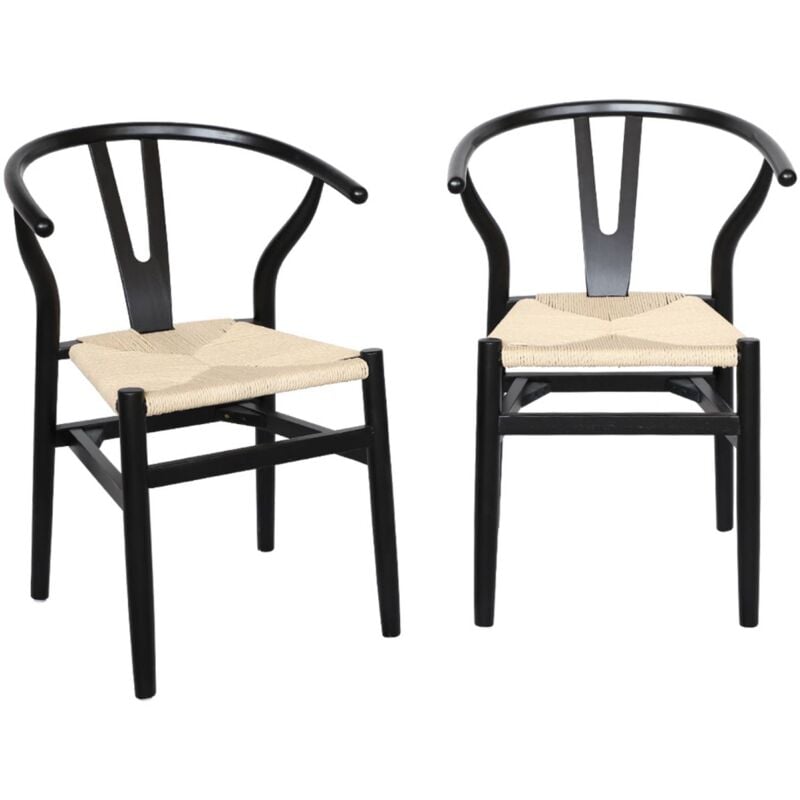 Sweeek - Lot de deux chaises vintage noires en bois d'hévéa avec assise en cordes et dossier arrondi