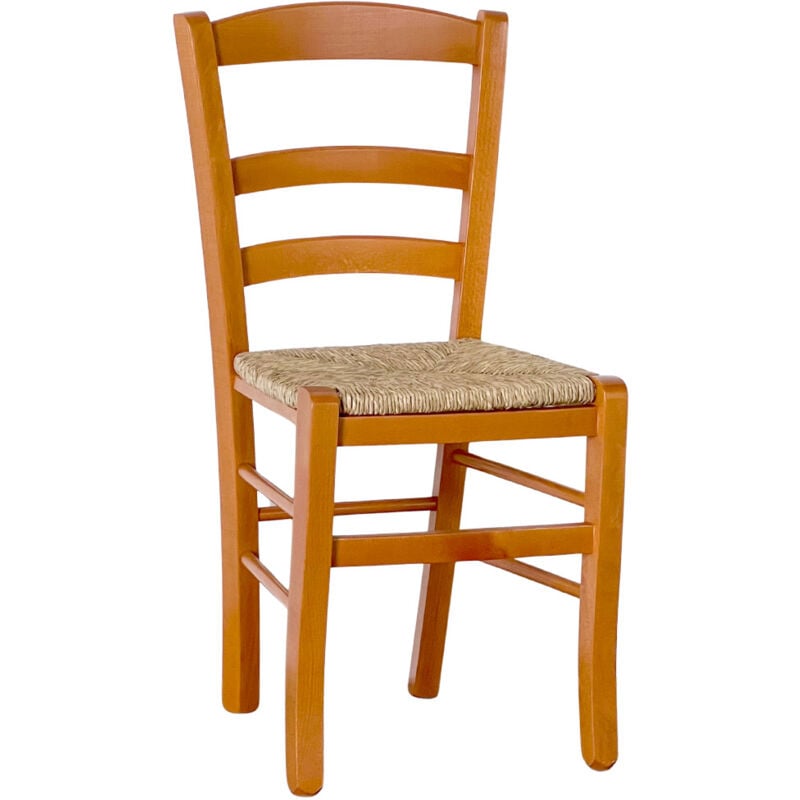 Chaise Paesana en bois couleur cerisier avec assise en paille naturelle tressée