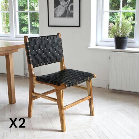 Chaise en bois et cuir tressé noir (lot de 2) MENDOZA