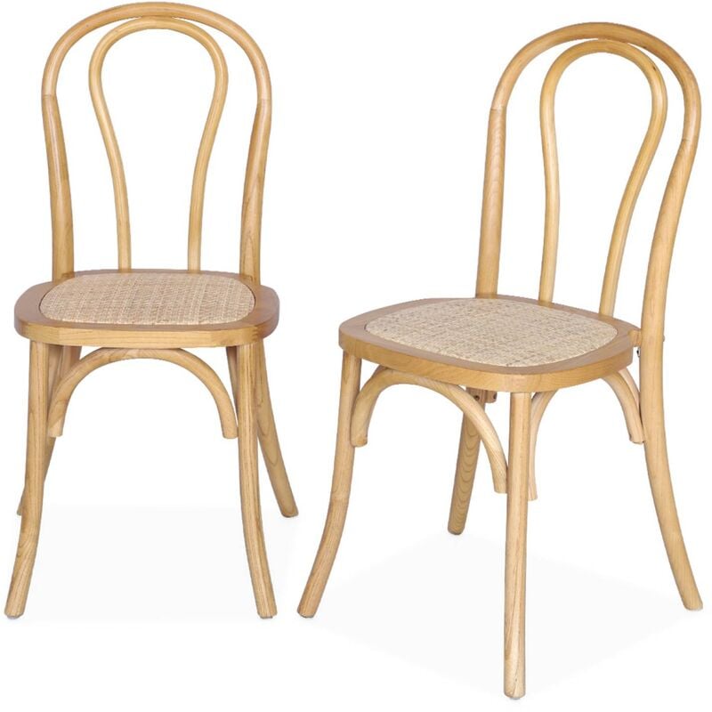 Lot de deux chaises vintage en bois avec assise en rotin et dossier arrondi coloris naturel