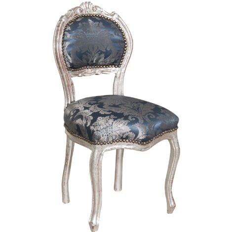 BISCOTTINI Chaise en bois Louis XVI 90x42x45 Chaise argentée Fauteuil de chambre style français Chaises baroques Fauteuil rembourré bleu