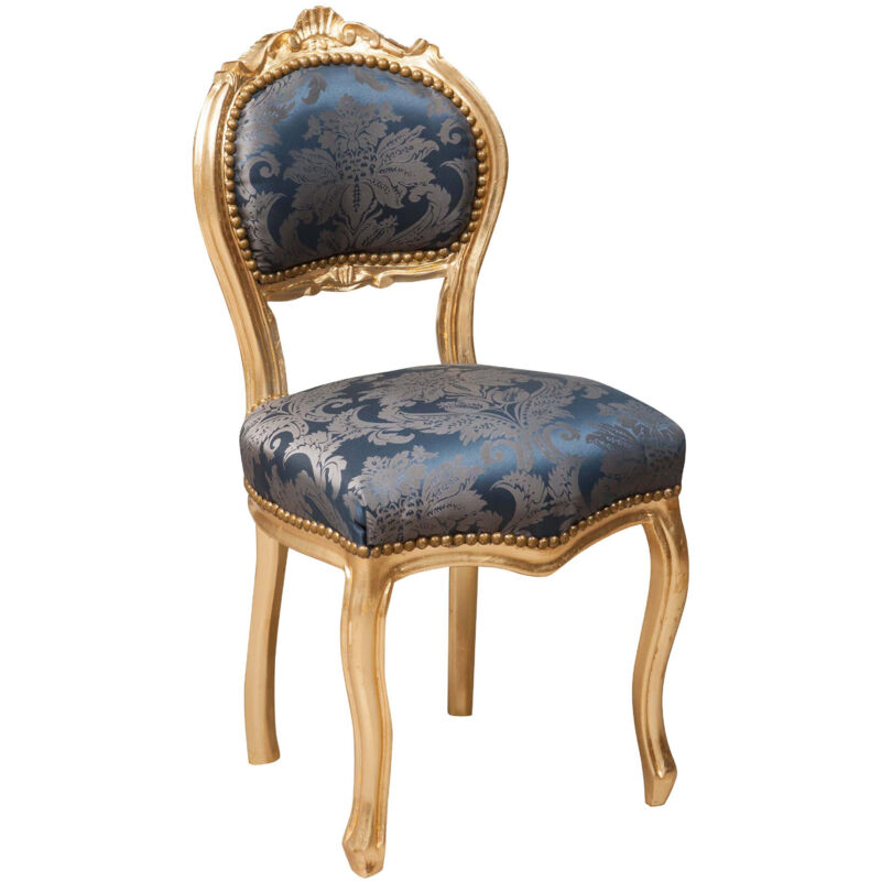 Chaise en bois Louis XVI 90x42x45 Chaise dorée et bleue Fauteuil de chambre style français Chaises baroques Fauteuil rembourré