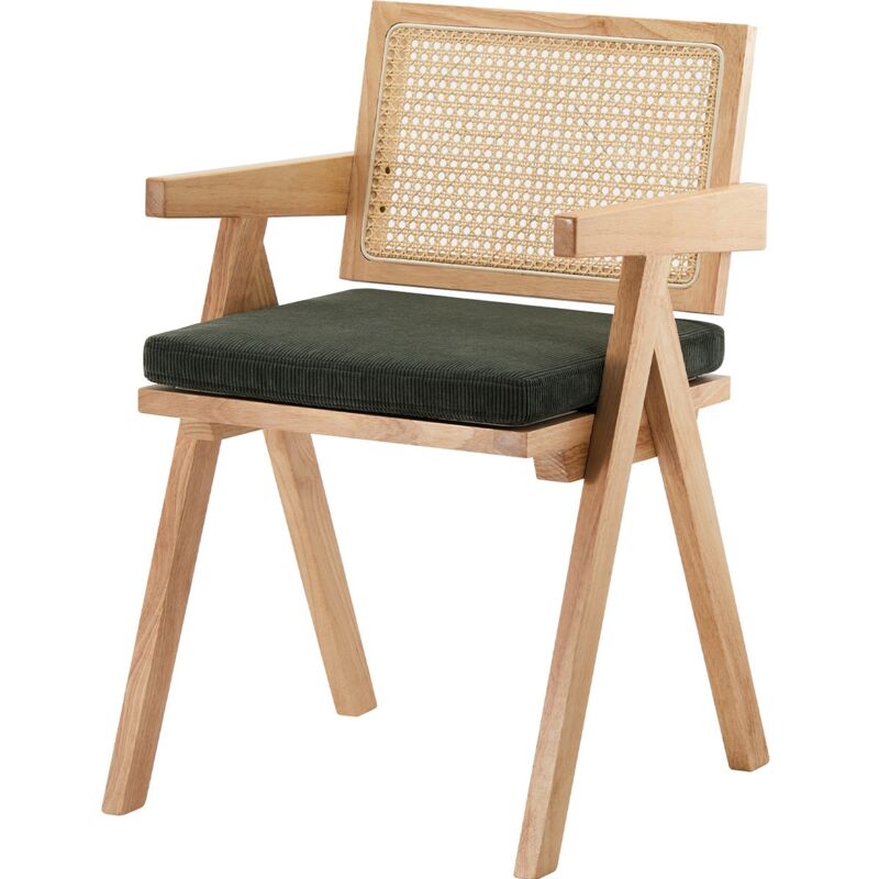 Homifab - Chaise en bois massif, cannage naturel et velours côtelé vert - Lina