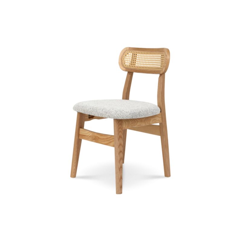 Kosmi - Chaise en bois massif, dossier en cannage et assise en tissu chiné gris