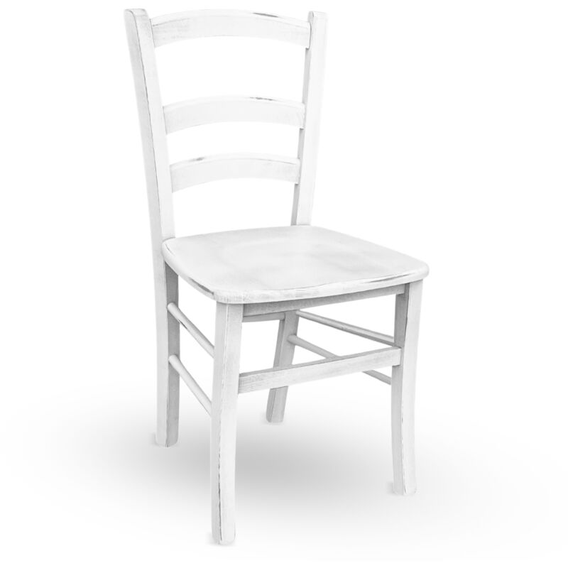 Chaise en bois Venezia couleur blanc vieilli shabby chic avec assise en bois massif Chaise en bois Venezia couleur blanc vieilli shabby chic avec assise en bois massif