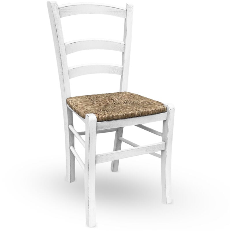 Okaffarefatto - Chaise en bois venezia antique blanche avec assise en paille des marais