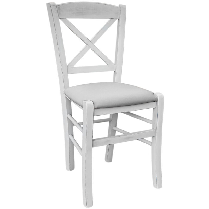 Okaffarefatto - Chaise en bois venise croix antique blanche assise similicuir gris clair
