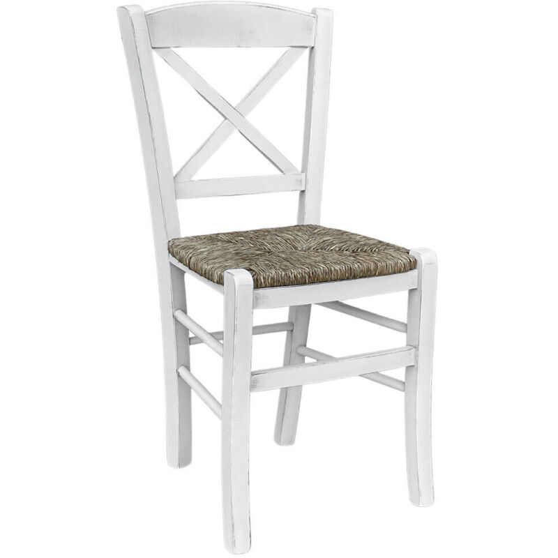 Okaffarefatto - Chaise Venise en bois avec croix blanche vieillie et assise en paille