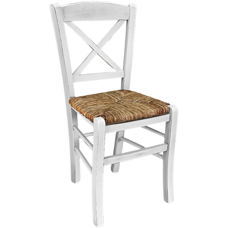 Okaffarefatto - Chaise en bois venezia avec dossier en croix blanc antique avec assise en paille de riz