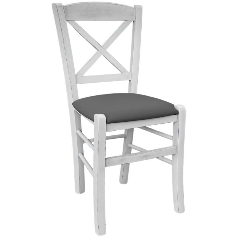 Okaffarefatto - Chaise Venise en bois avec croix blanche vieillie et assise en similicuir anthracite