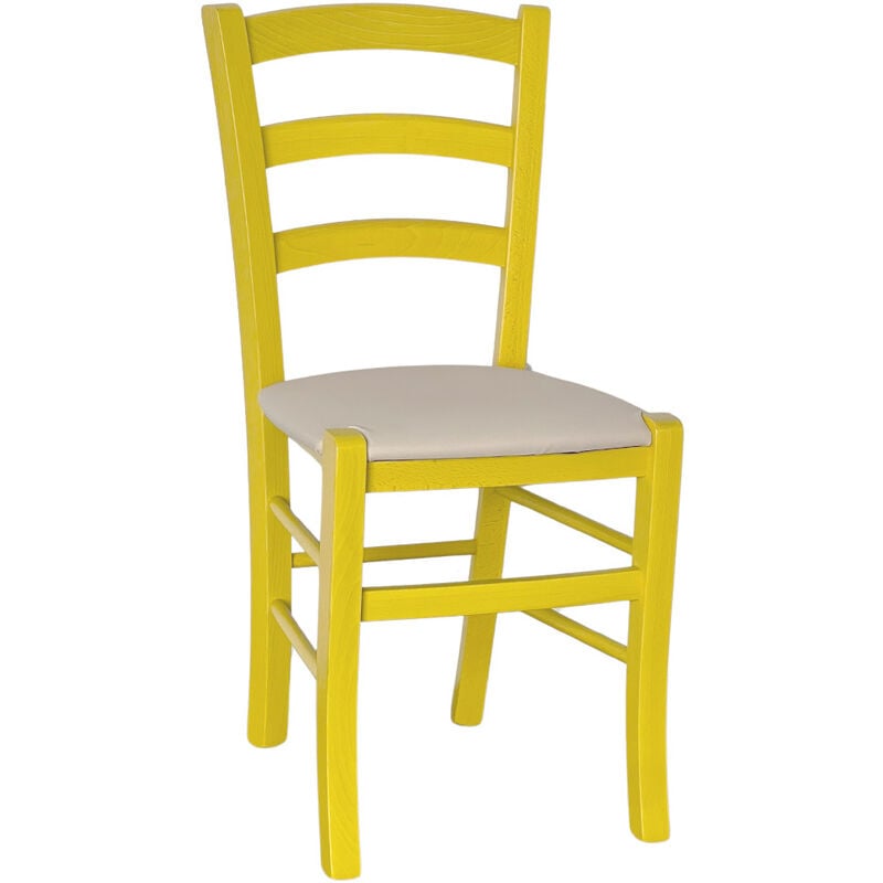 okaffarefatto - chaise en bois venice jaune et assise en simili cuir beige crème