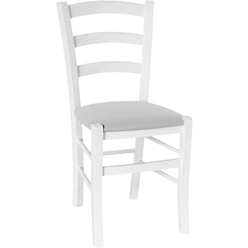 Okaffarefatto - Chaise en bois venise blanc avec siège en similicuir gris clair