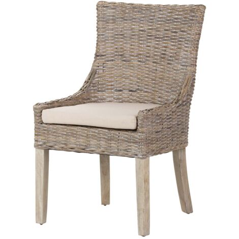Chaise en rotin, lin et bois, marron et beige, 54 x 52 x 91 cm