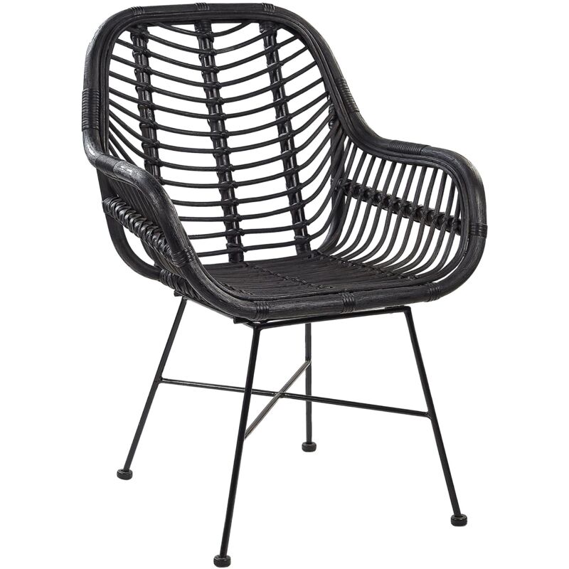 Beliani - Chaise Extérieur et Intérieur en Rotin Noir sur Pieds en Métal Noir Design Boho Tendance pour Terrasse Salon ou Salle à Manger
