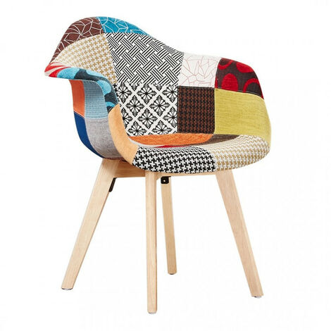 main image of "Chaise en Tissu Patchwork - Design Scandinave - Accoudoirs - Salle à Manger, Salon, Bureau - Style Rétro"