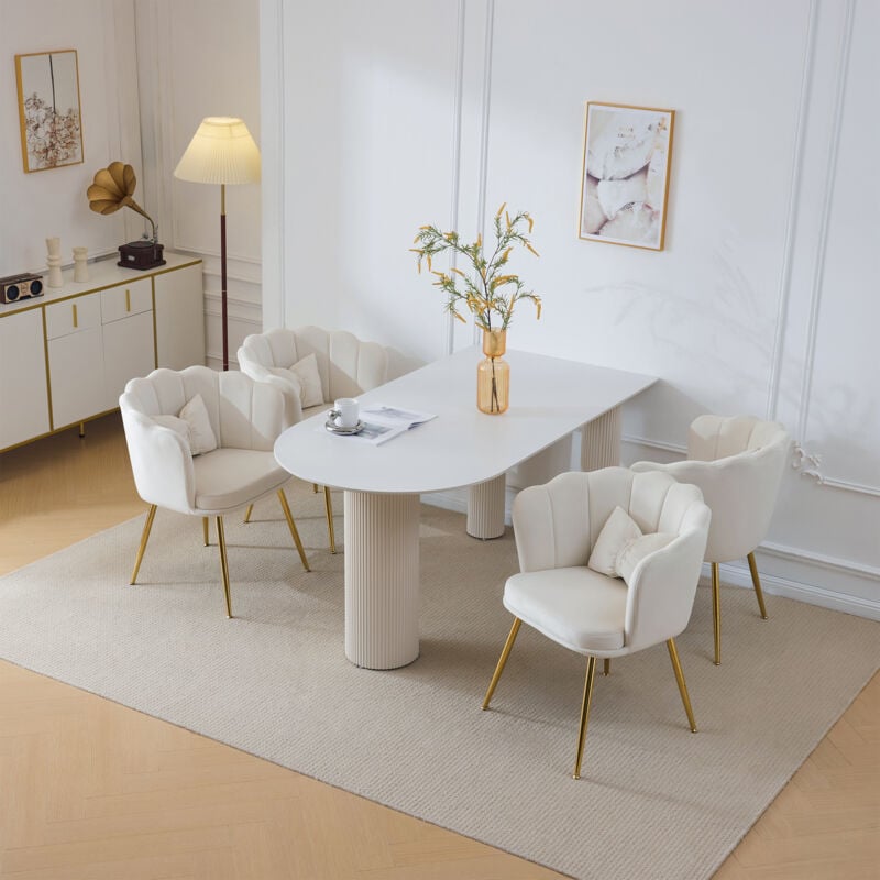 Wishdor - Chaise en velours beige lot de 4, chaise capitonnée avec dossier en pétales, pieds en métal plaqué or et coussin papillon