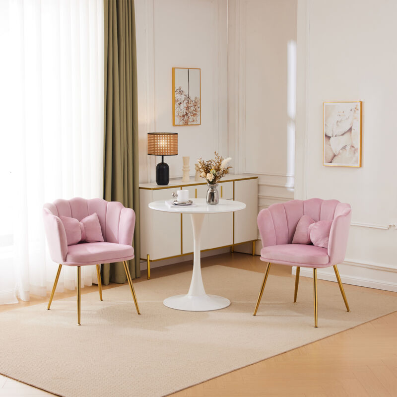 Wishdor - Chaise en velours rose lot de 2, chaise capitonnée avec dossier en pétales, pieds en métal plaqué or et coussin papillon