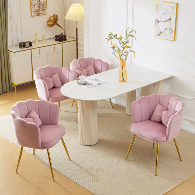 Chaise en velours rose lot de 4, chaise capitonnée avec dossier en pétales, pieds en métal plaqué or et coussin papillon