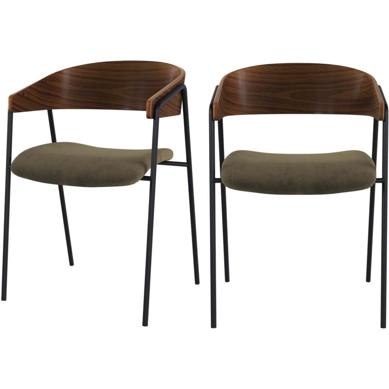 Lot de 2 chaises en velours vert kaki et bois de noyer - ESMÉE