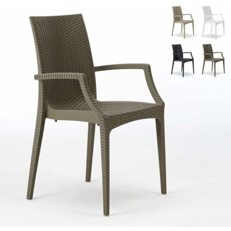 Grand Soleil – Fauteuil de jardin empilable en polyrotin – Accoudoirs – Résistant aux UV et intempéries – Dimensions 57x53,5x89cm – Pour bars et
