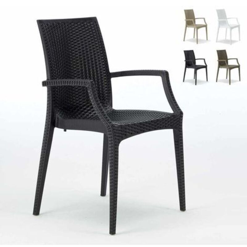 Grand Soleil – Fauteuil de jardin empilable en poly-rotin noir – Accoudoirs ergonomiques – Résistant aux intempéries et UV – Pour bars et restaurants Grand Soleil – Fauteuil de jardin empilable en poly-rotin noir – Accoudoirs ergonomiques – Résistant aux intempéries et UV – Pour bars et restaurants
