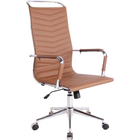 Chaise fauteuil de bureau avec accoudoirs siège pivotant en métal chromé et PVC marron clair 100002366