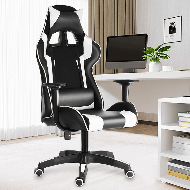 Chaise Fauteuil De Bureau Gaming Gamer Pivotant Racing Inclinable 150 Deg Blanc Sans Repose Pied Agtp6203568