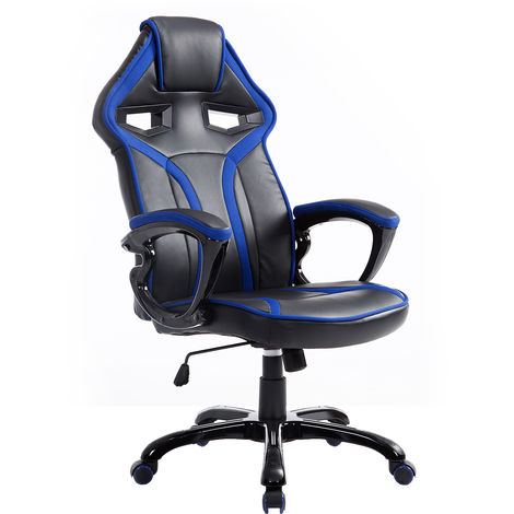 Chaise Fauteuil De Bureau Gaming Racing A Bascule Pivotant Confortable Accoudoirs Rembourres Noir Et Bleu