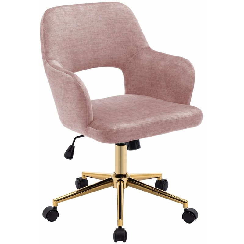 Chaise fauteuil de bureau pivotante sur roulettes en tissu velours rose pieds métal doré - or
