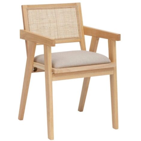 Chaise fauteuil en bois naturel avec assise rembourrée et dossier en cannage - Longueur 50 x Profondeur 50,5 x Hauteur 82 cm