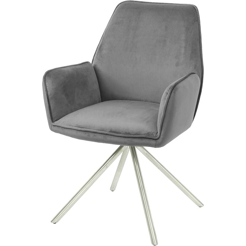 Chaise fauteuil rembourré salon bureau avec accoudoirs rotation 90° en velours gris pieds acier - gris