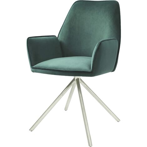 Chaise fauteuil rembourré salon bureau avec accoudoirs rotation 90° en velours vert pieds acier FAL04037