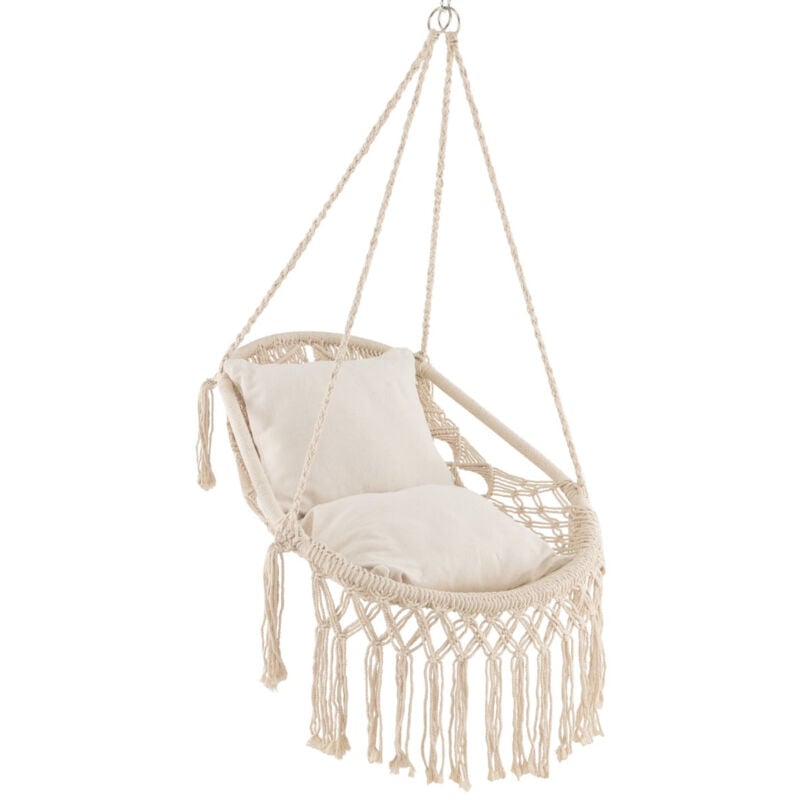 Chaise fauteuil suspendue hamac en coton polyester charge 150 kg 2 coussins corde chaîne de suspension beige