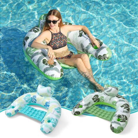 Chaise Flottante Gonflable pour Adultes, Ensemble de 2 avec Porte-Gobelets, Jouet de Piscine et Flotteur pour l'Été (Bleu)