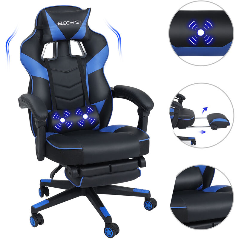 Chaise Gamer Chaises de Bureau à haut Dossier avec Repose-pieds et Support Lombaire Vert et massage Bleu - Bleu - Puluomis