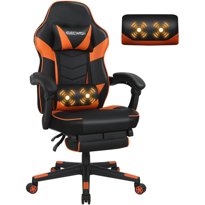 Puluomis - Chaise Gamer Chaises de Bureau à haut Dossier avec Repose-pieds et Support Lombaire Vert et massage 150Kg - Orange - Orange