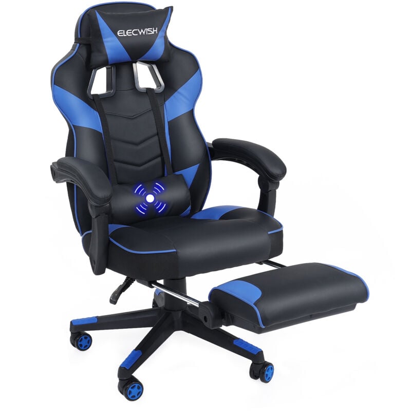 Chaise Gamer Chaises de Bureau à haut Dossier avec Repose-pieds et Support Lombaire et massage -Bleu - Puluomis