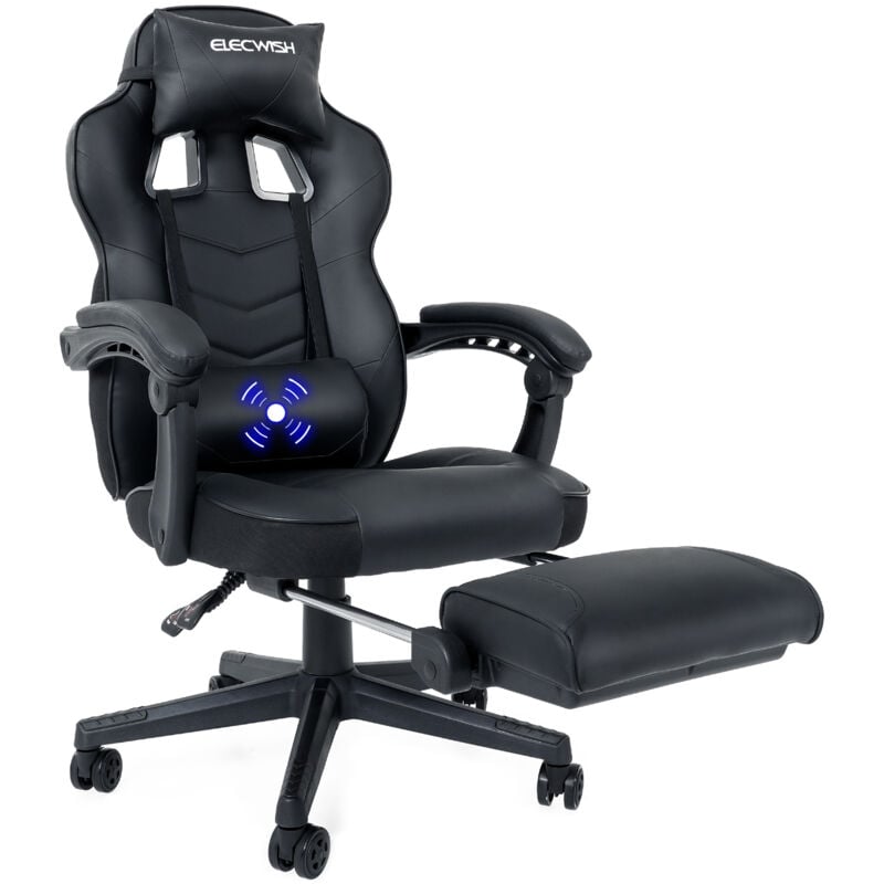 Chaise Gamer Chaises de Bureau à haut Dossier avec Repose-pieds et Support Lombaire et massage -Noir - Puluomis