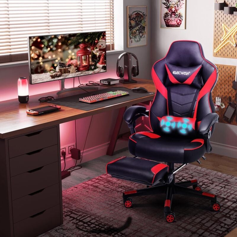 Puluomis - Chaise Gamer Chaises de Bureau à haut Dossier avec Repose-pieds et Support Lombaire Vert et massage 150Kg - rouge