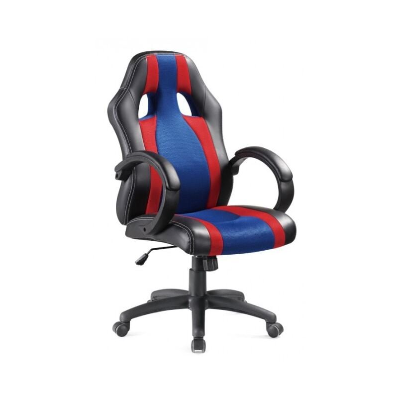 Chaise gamer pivotante en pvc bleu, rouge et noir avec hauteur et accoudoirs réglables