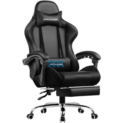 Chaise gaming avec massage lombaire – Dossier inclinable 135° – Repose-pieds rétractable – Cuir PU facile à nettoyer – Charge 150 kg – Noir