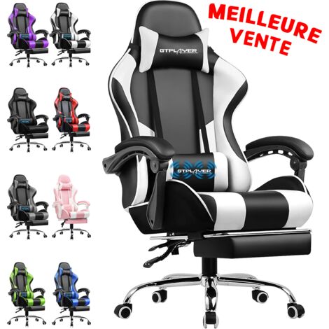 Chaise gaming avec massage lombaire – Repose-pieds rétractable – Dossier inclinable 135° – Siège cuir confortable – Charge 150 kg – Blanc
